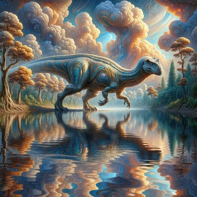Primary subject: Dinosaur
Setting/background: Water, trees, and clouds
Visual style: Digital art
Colors and mood: Blue, green, and orange